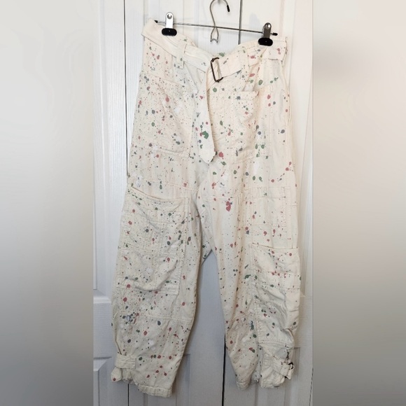 Free People Painter Pants In Ivory Size 8 Utility Paint Splatter Lounge Y2K - Picture 6 of 9
